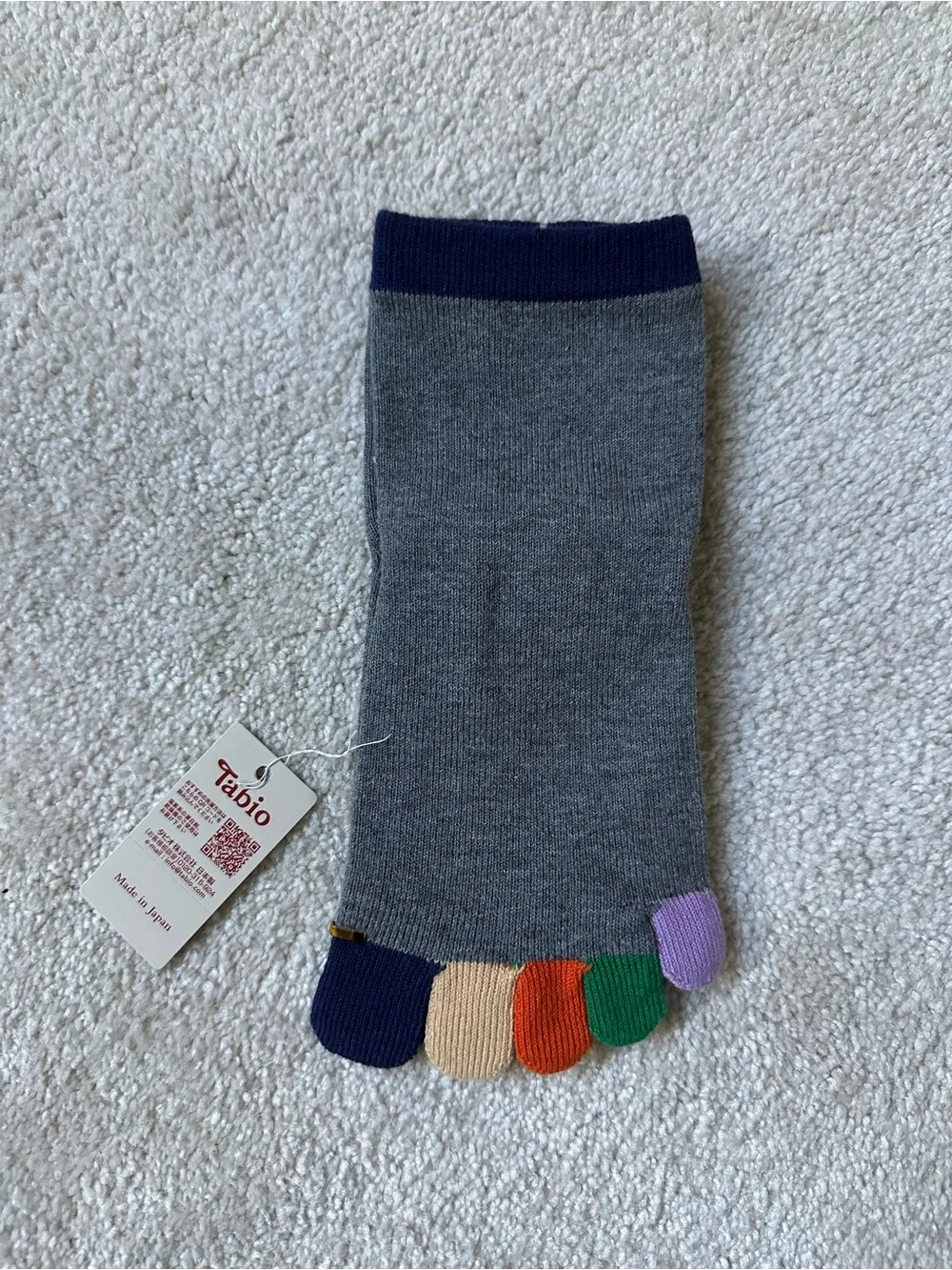 Japanese Gray Crew Socks with Navy Cuff and Multicolor Toes